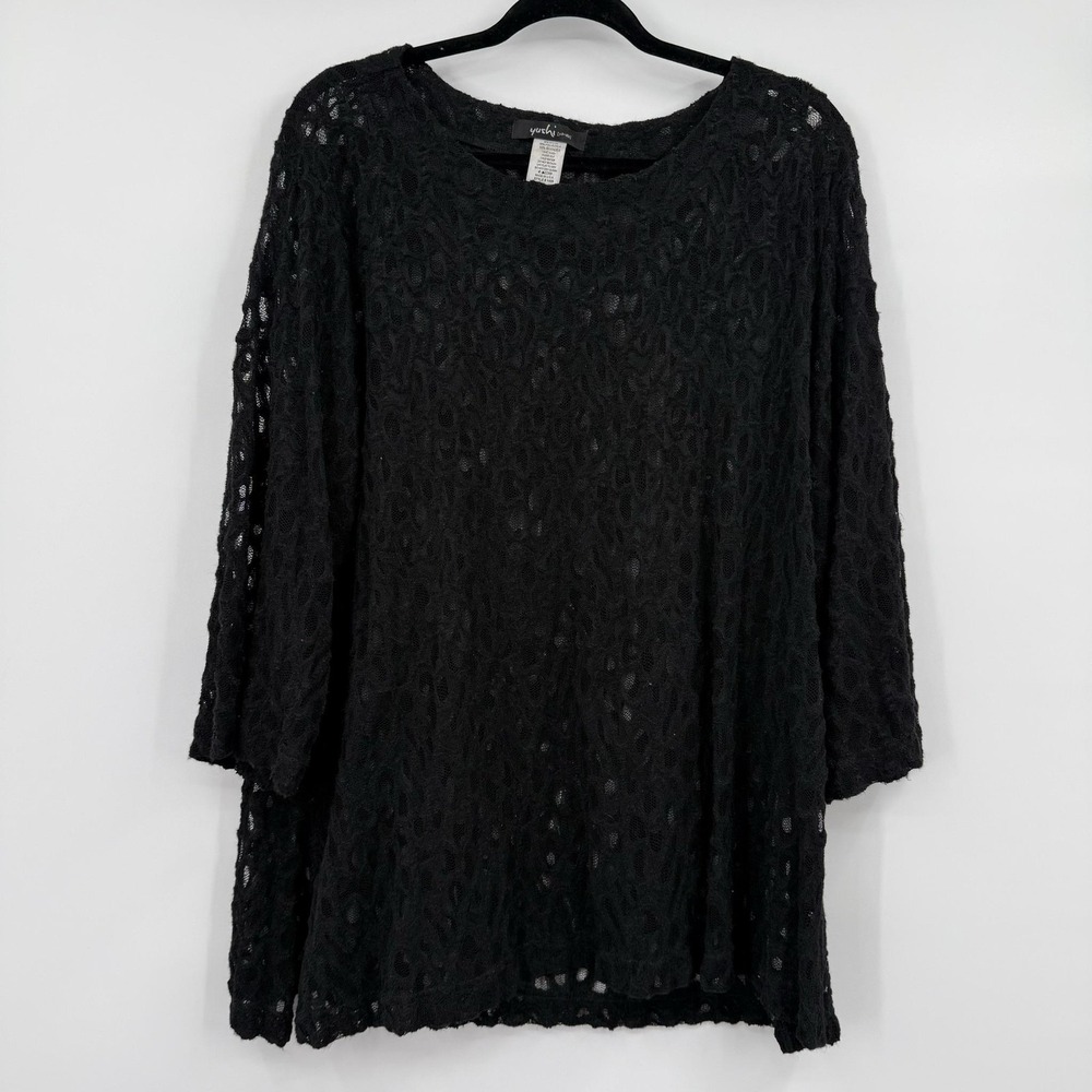 Yushi Tunic Blouse Womens XL Black Crochet Sheer‎ Lightweight Stretch Pullover